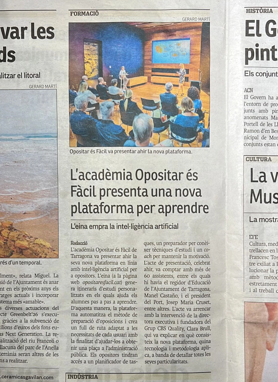 Article al Diari Més Tarragona: “L'acadèmia Opositar és Fàcil presenta una nova plataforma per aprendre”